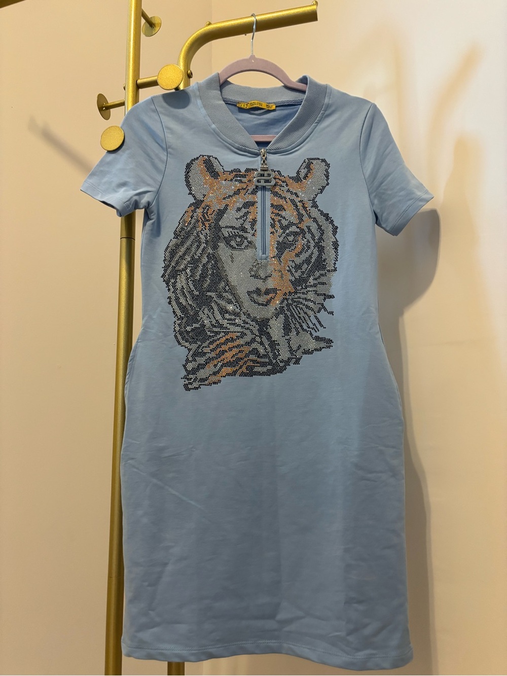 Light Blue Short Sleeve Dress with Tiger Face Motif